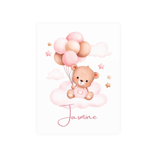 Baby Bear Balloon Cloud Name Poster Pink